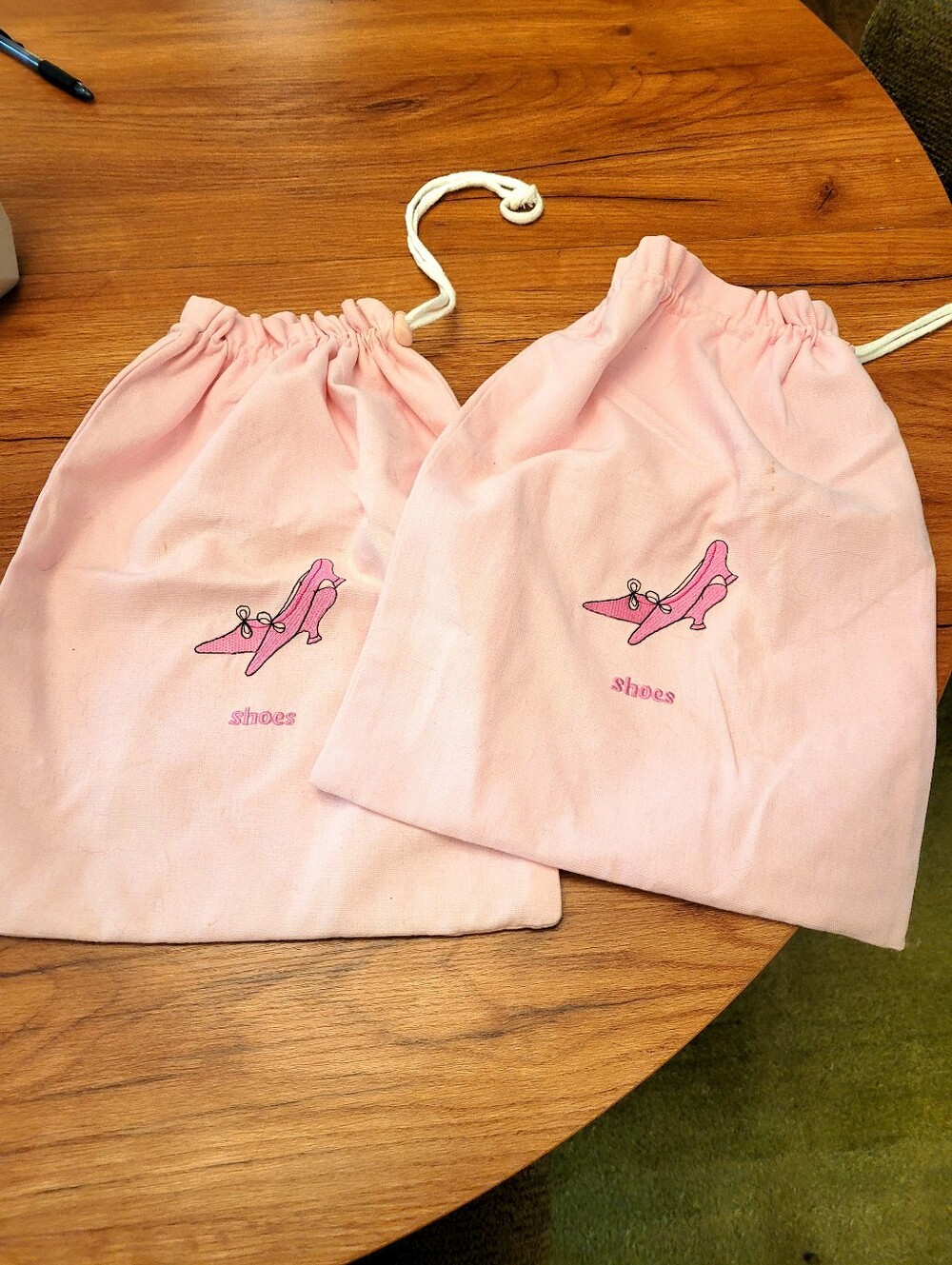 Pink Embroidered & Lined Drawstring Shoe Bags
